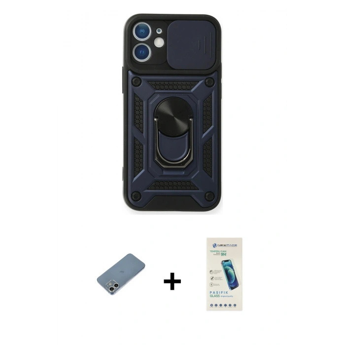 MARSİLYAN™- iPhone 12 Kılıf Ahenk Klasik - Şeffaf Pasifik Cam Ekran Koruyucu + Shine Kamera Lens Koruma Cam - GS