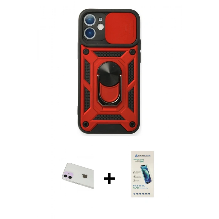 MARSİLYAN™- iPhone 12 Kılıf Ahenk Klasik - Şeffaf Pasifik Cam Ekran Koruyucu + Rainbow Kamera Lens Koruma Cam - MR