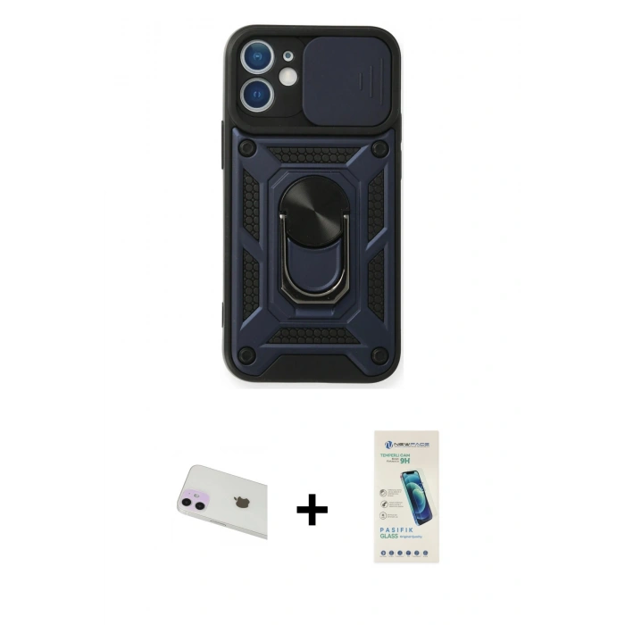 MARSİLYAN™- iPhone 12 Kılıf Ahenk Klasik - Şeffaf Pasifik Cam Ekran Koruyucu + Rainbow Kamera Lens Koruma Cam - MR