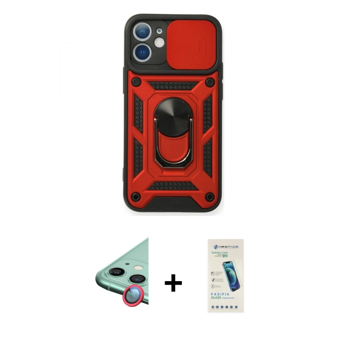 MARSİLYAN™- iPhone 12 Kılıf Ahenk Klasik - Şeffaf Pasifik Cam Ekran Koruyucu + Raze Metal Kamera Lens - KI
