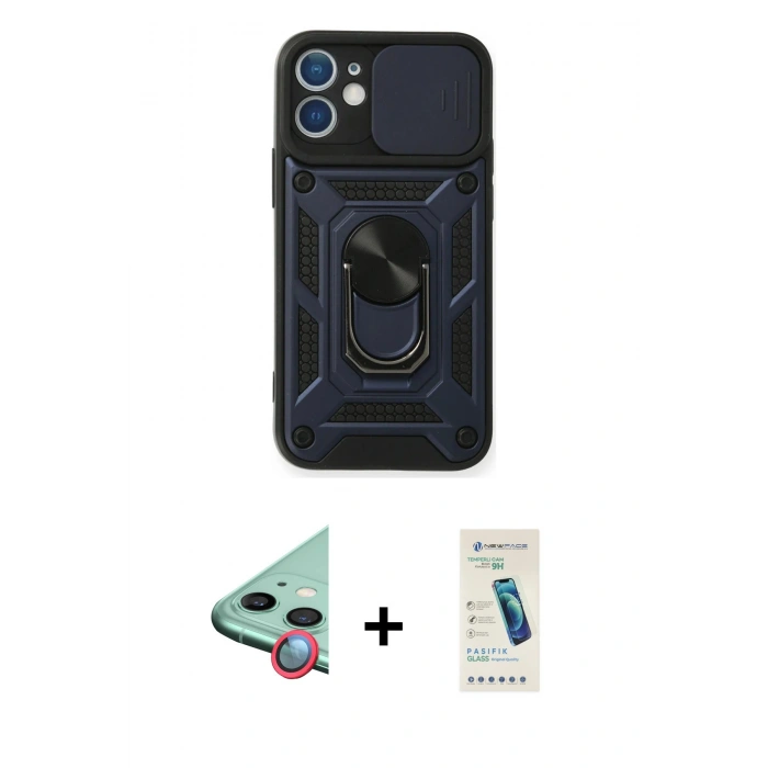 MARSİLYAN™- iPhone 12 Kılıf Ahenk Klasik - Şeffaf Pasifik Cam Ekran Koruyucu + Raze Metal Kamera Lens - KI