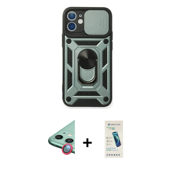 MARSİLYAN™- iPhone 12 Kılıf Ahenk Klasik - Şeffaf Pasifik Cam Ekran Koruyucu + Raze Metal Kamera Lens - KI