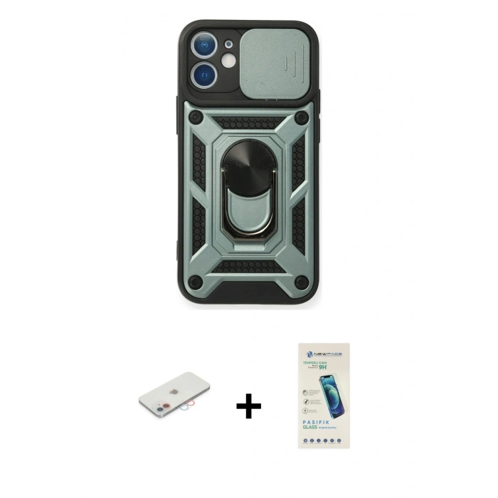 MARSİLYAN™- iPhone 12 Kılıf Ahenk Klasik - Şeffaf Pasifik Cam Ekran Koruyucu + Renkli Kamera Lens Koruma Cam - PE