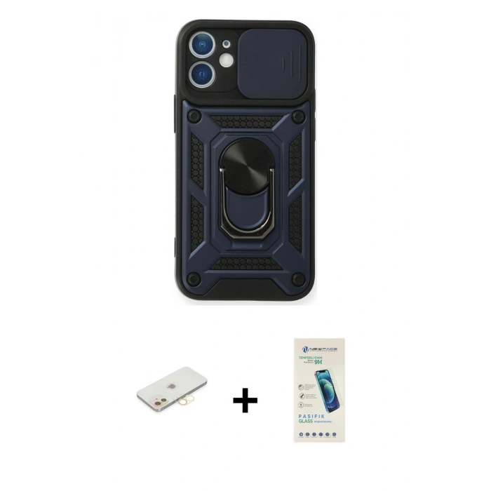 MARSİLYAN™- iPhone 12 Kılıf Ahenk Klasik - Şeffaf Pasifik Cam Ekran Koruyucu + Renkli Kamera Lens Koruma Cam - SI