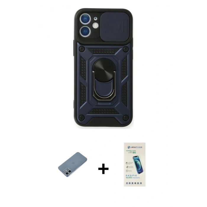 MARSİLYAN™- iPhone 12 Kılıf Ahenk Klasik - Şeffaf Pasifik Cam Ekran Koruyucu + Shine Kamera Lens Koruma Cam - SABE