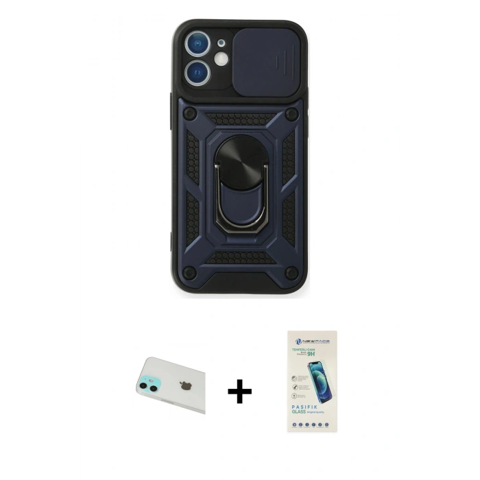 MARSİLYAN™- iPhone 12 Kılıf Ahenk Klasik - Şeffaf Pasifik Cam Ekran Koruyucu + Rainbow Kamera Lens Koruma Cam - YL