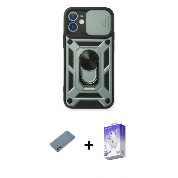 MARSİLYAN™- iPhone 12 Kılıf Ahenk Klasik - Siyah Bilvis 5in1 3D Magic Cam Ekran Koruyucu + Shine Kamera Lens Koruma Cam - GS