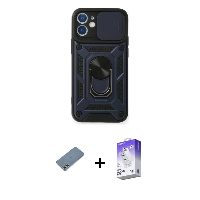 MARSİLYAN™- iPhone 12 Kılıf Ahenk Klasik - Siyah Bilvis 5in1 3D Magic Cam Ekran Koruyucu + Shine Kamera Lens Koruma Cam - GS