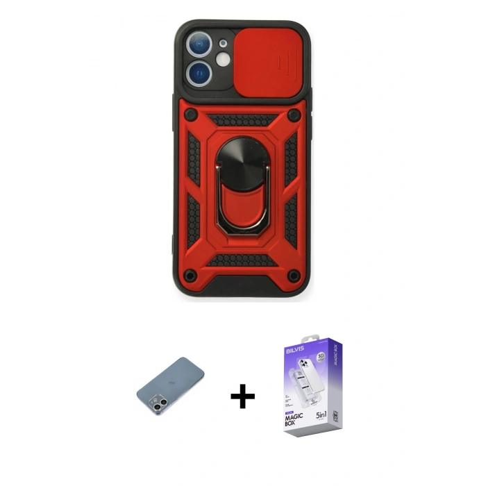 MARSİLYAN™- iPhone 12 Kılıf Ahenk Klasik - Siyah Bilvis 5in1 3D Magic Cam Ekran Koruyucu + Shine Kamera Lens Koruma Cam - GS