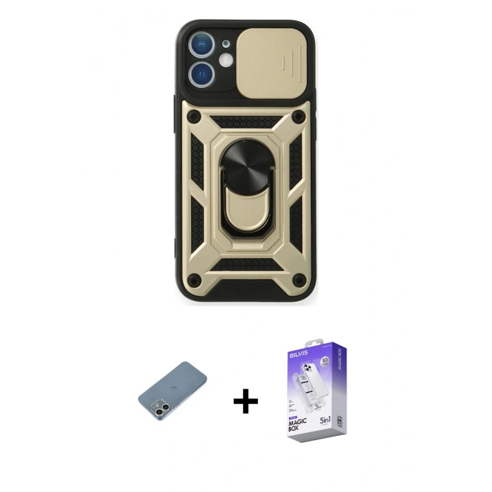 MARSİLYAN™- iPhone 12 Kılıf Ahenk Klasik - Siyah Bilvis 5in1 3D Magic Cam Ekran Koruyucu + Shine Kamera Lens Koruma Cam - GS