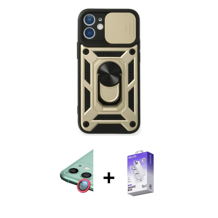 MARSİLYAN™- iPhone 12 Kılıf Ahenk Klasik - Siyah Bilvis 5in1 3D Magic Cam Ekran Koruyucu + Raze Metal Kamera Lens - KI
