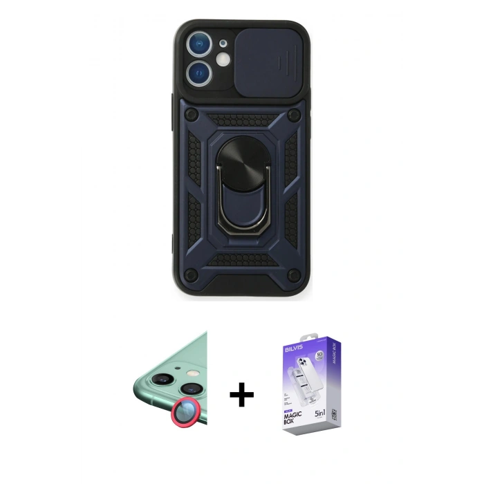 MARSİLYAN™- iPhone 12 Kılıf Ahenk Klasik - Siyah Bilvis 5in1 3D Magic Cam Ekran Koruyucu + Raze Metal Kamera Lens - KI