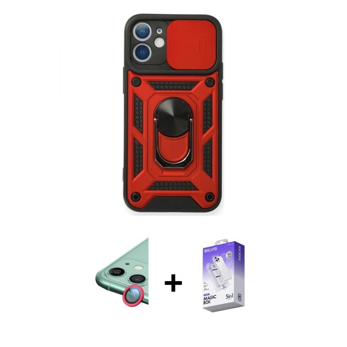 MARSİLYAN™- iPhone 12 Kılıf Ahenk Klasik - Siyah Bilvis 5in1 3D Magic Cam Ekran Koruyucu + Raze Metal Kamera Lens - KI