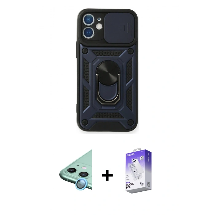 MARSİLYAN™- iPhone 12 Kılıf Ahenk Klasik - Siyah Bilvis 5in1 3D Magic Cam Ekran Koruyucu + Mavi Raze Metal Kamera Lens