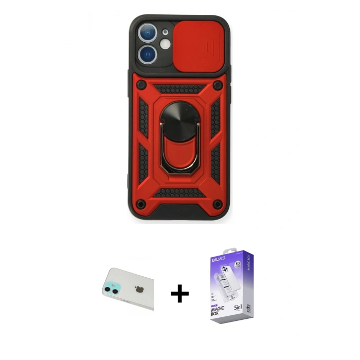 MARSİLYAN™- iPhone 12 Kılıf Ahenk Klasik - Siyah Bilvis 5in1 3D Magic Cam Ekran Koruyucu + Rainbow Kamera Lens Koruma Cam - YL