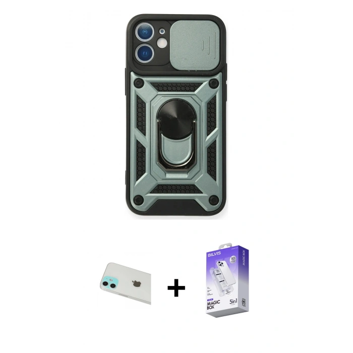 MARSİLYAN™- iPhone 12 Kılıf Ahenk Klasik - Siyah Bilvis 5in1 3D Magic Cam Ekran Koruyucu + Rainbow Kamera Lens Koruma Cam - YL