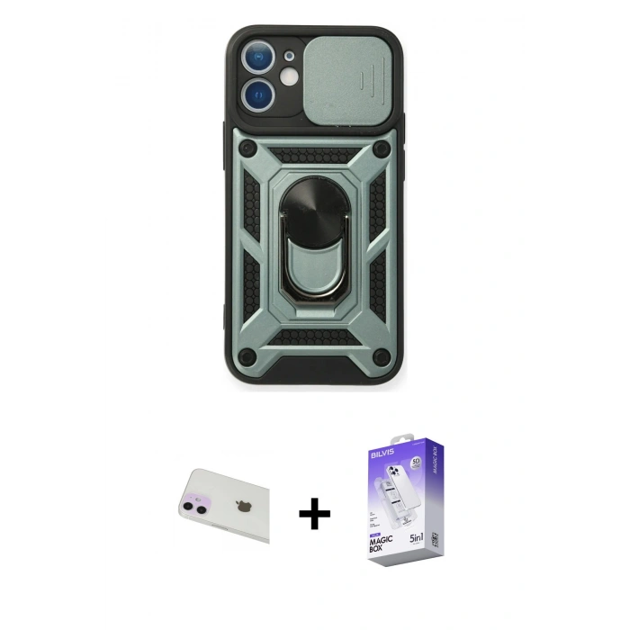 MARSİLYAN™- iPhone 12 Kılıf Ahenk Klasik - Siyah Bilvis 5in1 3D Magic Cam Ekran Koruyucu + Rainbow Kamera Lens Koruma Cam - MR