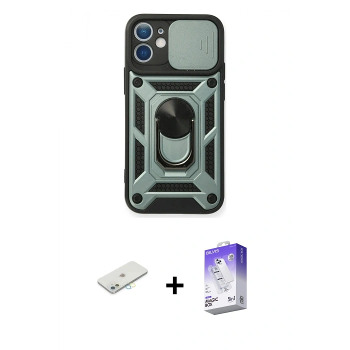 MARSİLYAN™- iPhone 12 Kılıf Ahenk Klasik - Siyah Bilvis 5in1 3D Magic Cam Ekran Koruyucu + Renkli Kamera Lens Koruma Cam - SI
