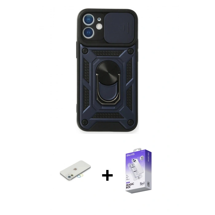 MARSİLYAN™- iPhone 12 Kılıf Ahenk Klasik - Siyah Bilvis 5in1 3D Magic Cam Ekran Koruyucu + Renkli Kamera Lens Koruma Cam - SI