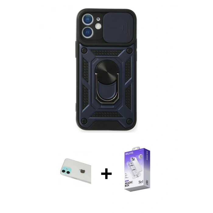 MARSİLYAN™- iPhone 12 Kılıf Ahenk Klasik - Siyah Bilvis 5in1 3D Magic Cam Ekran Koruyucu + Rainbow Kamera Lens Koruma Cam - YL
