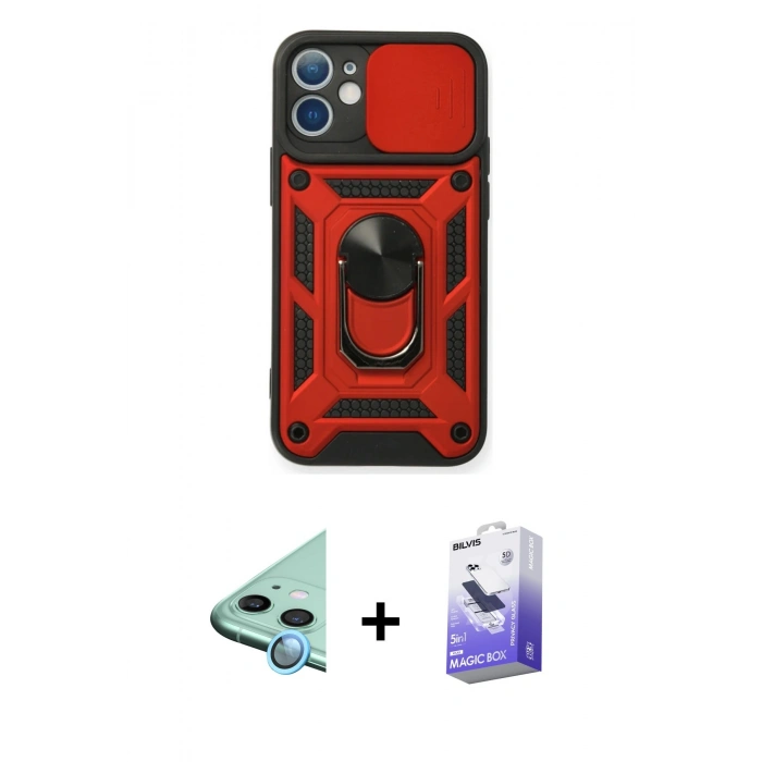 MARSİLYAN™- iPhone 12 Kılıf Ahenk Klasik - Siyah Bilvis 5in1 5D Magic Hayalet Cam Ekran Koruyucu + Raze Metal Kamera Lens - MI