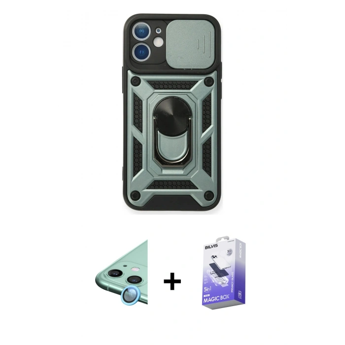 MARSİLYAN™- iPhone 12 Kılıf Ahenk Klasik - Siyah Bilvis 5in1 5D Magic Hayalet Cam Ekran Koruyucu + Raze Metal Kamera Lens - MI