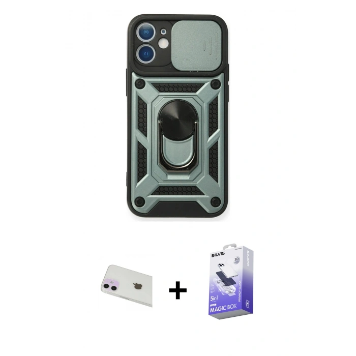MARSİLYAN™- iPhone 12 Kılıf Ahenk Klasik - Siyah Bilvis 5in1 5D Magic Hayalet Cam Ekran Koruyucu + Rainbow Kamera Lens Koruma Cam - MR