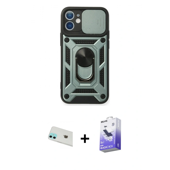 MARSİLYAN™- iPhone 12 Kılıf Ahenk Klasik - Siyah Bilvis 5in1 5D Magic Hayalet Cam Ekran Koruyucu + Rainbow Kamera Lens Koruma Cam - YL