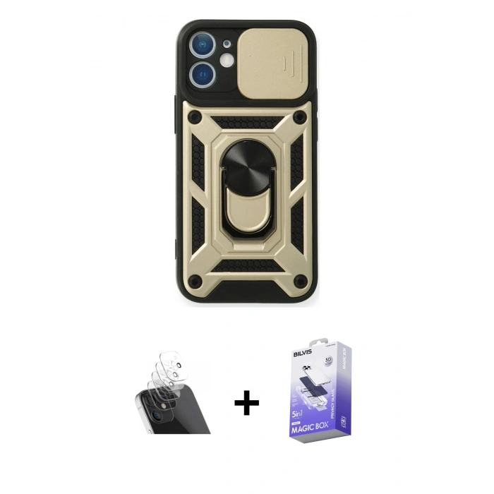 MARSİLYAN™- iPhone 12 Kılıf Ahenk Klasik - Siyah Bilvis 5in1 5D Magic Hayalet Cam Ekran Koruyucu + Kamera Lens Koruma Cam - SF