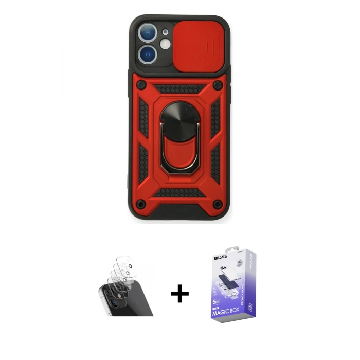 MARSİLYAN™- iPhone 12 Kılıf Ahenk Klasik - Siyah Bilvis 5in1 5D Magic Hayalet Cam Ekran Koruyucu + Kamera Lens Koruma Cam - SF
