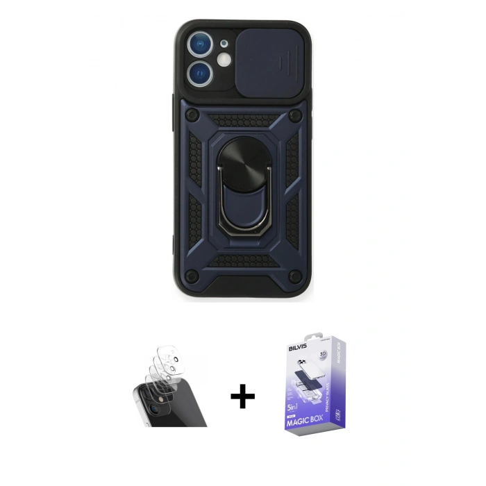 MARSİLYAN™- iPhone 12 Kılıf Ahenk Klasik - Siyah Bilvis 5in1 5D Magic Hayalet Cam Ekran Koruyucu + Kamera Lens Koruma Cam - SF