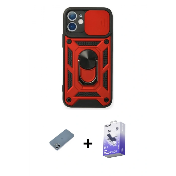 MARSİLYAN™- iPhone 12 Kılıf Ahenk Klasik - Siyah Bilvis 5in1 5D Magic Hayalet Cam Ekran Koruyucu + Shine Kamera Lens Koruma Cam - SABE