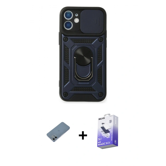 MARSİLYAN™- iPhone 12 Kılıf Ahenk Klasik - Siyah Bilvis 5in1 5D Magic Hayalet Cam Ekran Koruyucu + Shine Kamera Lens Koruma Cam - SABE