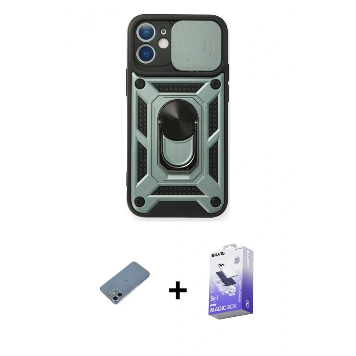 MARSİLYAN™- iPhone 12 Kılıf Ahenk Klasik - Siyah Bilvis 5in1 5D Magic Hayalet Cam Ekran Koruyucu + Shine Kamera Lens Koruma Cam - SABE