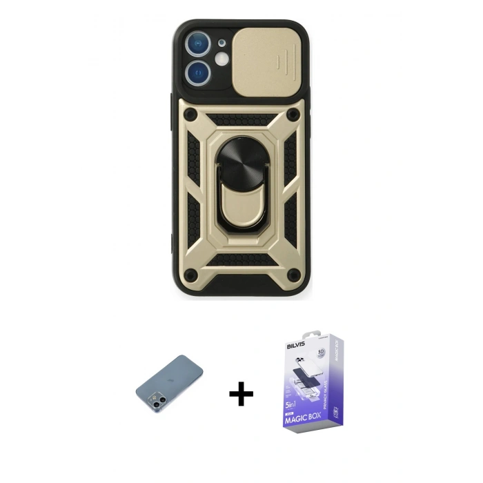 MARSİLYAN™- iPhone 12 Kılıf Ahenk Klasik - Siyah Bilvis 5in1 5D Magic Hayalet Cam Ekran Koruyucu + Shine Kamera Lens Koruma Cam - SABE