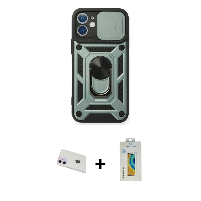 MARSİLYAN™- iPhone 12 Kılıf Ahenk Klasik - Siyah Polymer Nano Ekran Koruyucu + Rainbow Kamera Lens Koruma Cam - MR