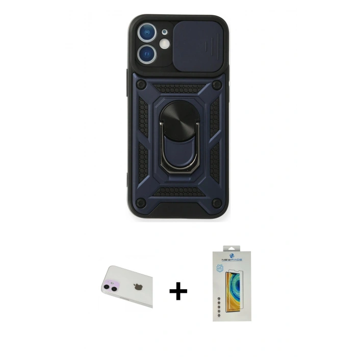 MARSİLYAN™- iPhone 12 Kılıf Ahenk Klasik - Siyah Polymer Nano Ekran Koruyucu + Rainbow Kamera Lens Koruma Cam - MR