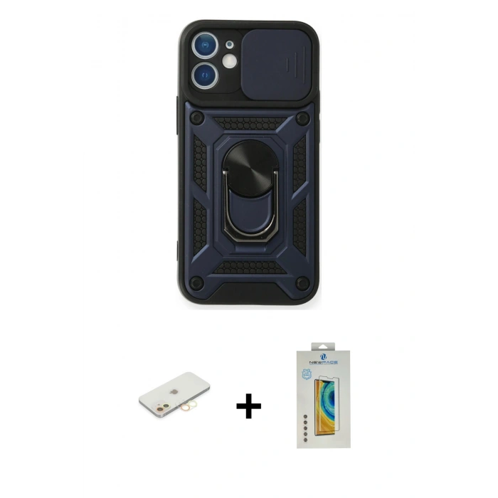 MARSİLYAN™- iPhone 12 Kılıf Ahenk Klasik - Siyah Polymer Nano Ekran Koruyucu + Renkli Kamera Lens Koruma Cam - SI