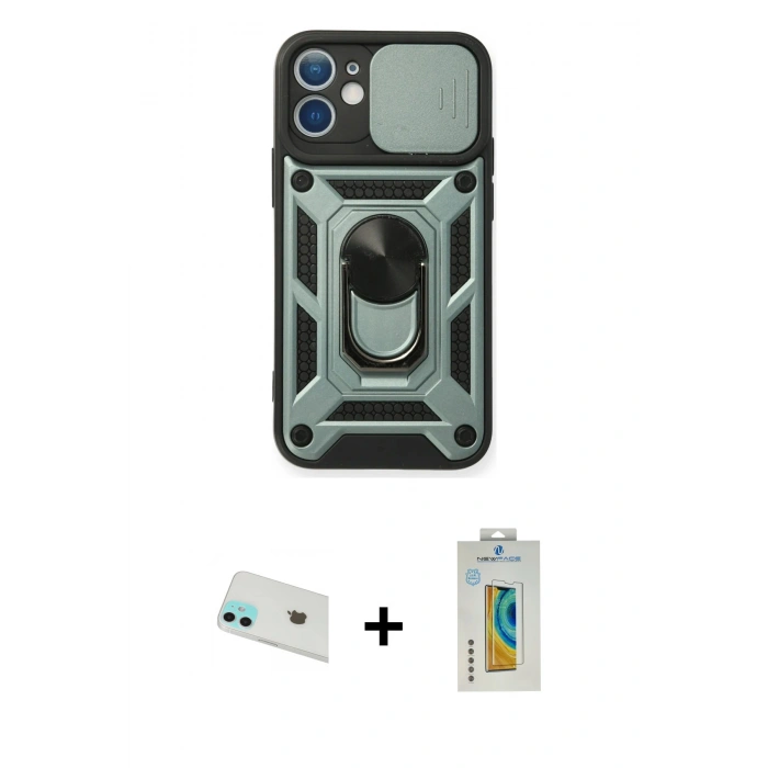 MARSİLYAN™- iPhone 12 Kılıf Ahenk Klasik - Siyah Polymer Nano Ekran Koruyucu + Yeşil Rainbow Kamera Lens Koruma Cam