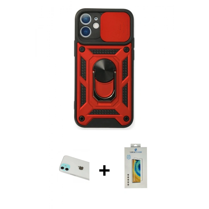MARSİLYAN™- iPhone 12 Kılıf Ahenk Klasik - Siyah Polymer Nano Ekran Koruyucu + Yeşil Rainbow Kamera Lens Koruma Cam