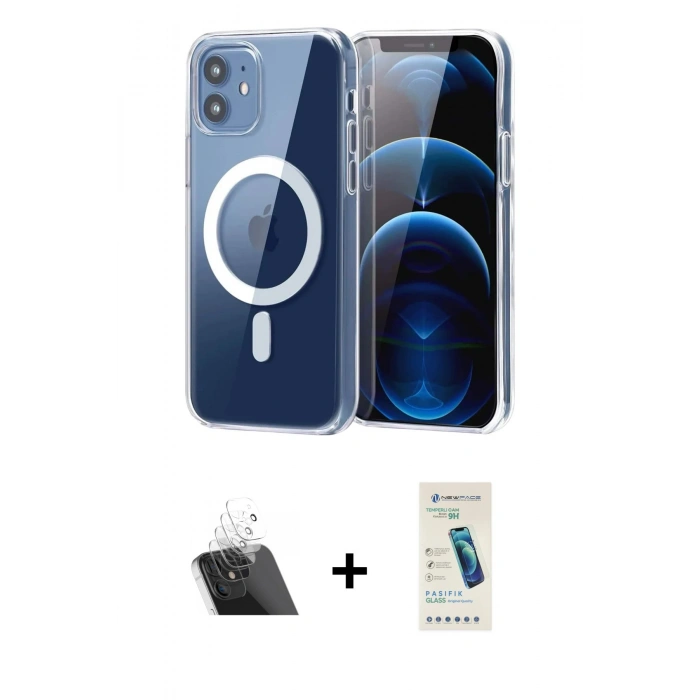 MARSİLYAN™- iPhone 12 Kılıf Ahenk Minimal Serisi - Şeffaf Pasifik Cam Ekran Koruyucu + Kamera Lens Koruma Cam - SF