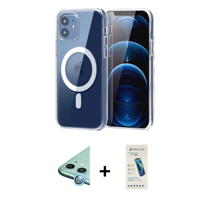 MARSİLYAN™- iPhone 12 Kılıf Ahenk Minimal Serisi - Şeffaf Pasifik Cam Ekran Koruyucu + Raze Metal Kamera Lens - MI