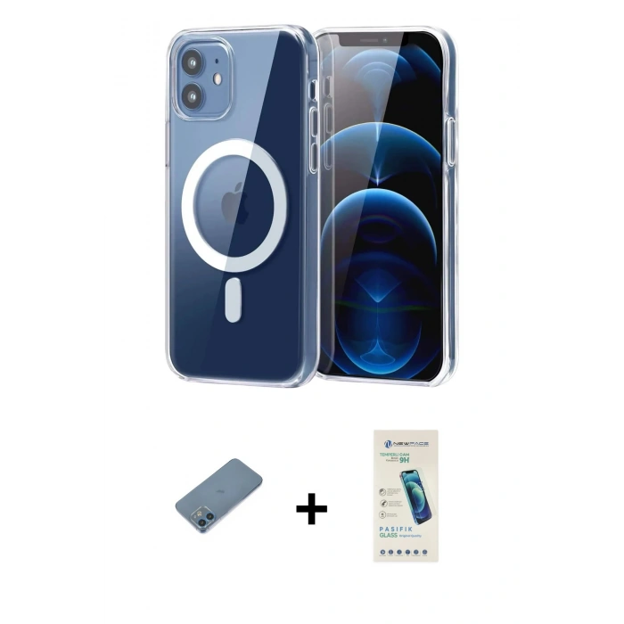 MARSİLYAN™- iPhone 12 Kılıf Ahenk Minimal Serisi - Şeffaf Pasifik Cam Ekran Koruyucu + Shine Kamera Lens Koruma Cam - MI