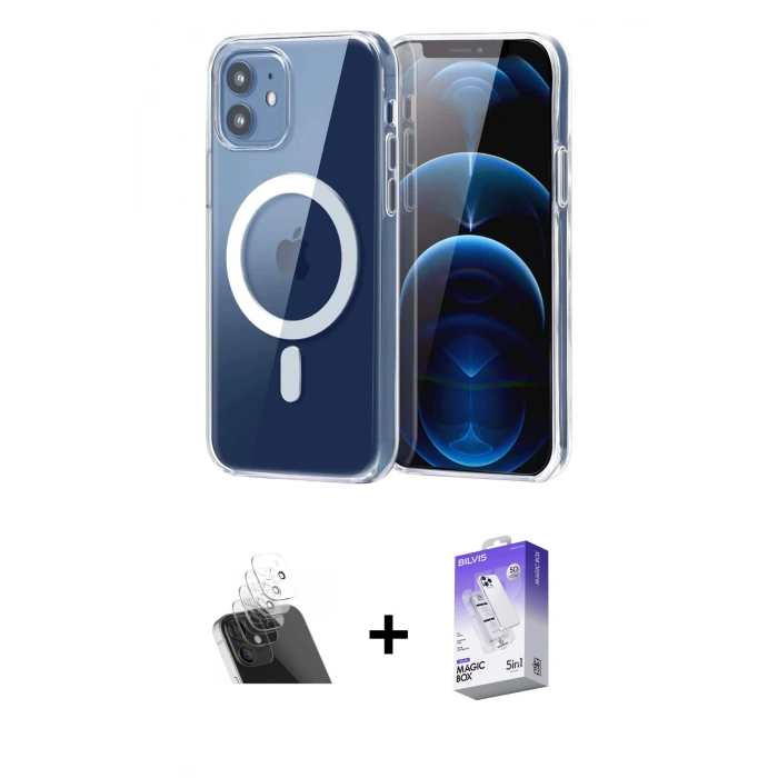 MARSİLYAN™- iPhone 12 Kılıf Ahenk Minimal Serisi - Siyah Bilvis 5in1 3D Magic Cam Ekran Koruyucu + Kamera Lens Koruma Cam - SF