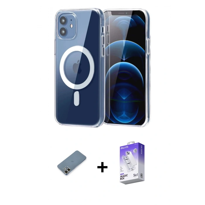 MARSİLYAN™- iPhone 12 Kılıf Ahenk Minimal Serisi - Siyah Bilvis 5in1 3D Magic Cam Ekran Koruyucu + Metal Kamera Lens Koruma Cam - GD