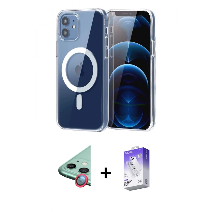 MARSİLYAN™- iPhone 12 Kılıf Ahenk Minimal Serisi - Siyah Bilvis 5in1 3D Magic Cam Ekran Koruyucu + Raze Metal Kamera Lens - KI