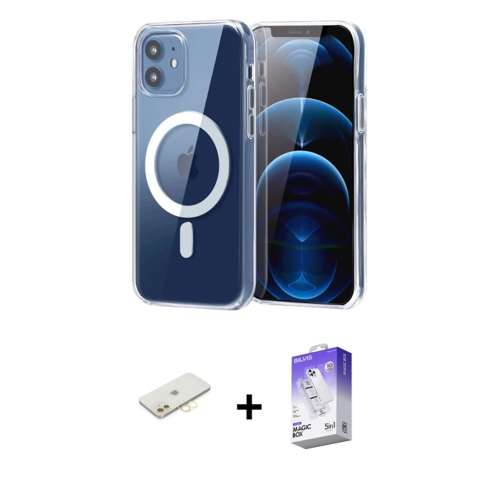 MARSİLYAN™- iPhone 12 Kılıf Ahenk Minimal Serisi - Siyah Bilvis 5in1 3D Magic Cam Ekran Koruyucu + Renkli Kamera Lens Koruma Cam - SI