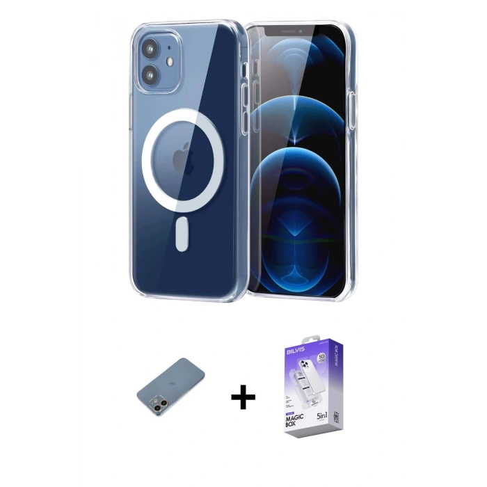 MARSİLYAN™- iPhone 12 Kılıf Ahenk Minimal Serisi - Siyah Bilvis 5in1 3D Magic Cam Ekran Koruyucu + Shine Kamera Lens Koruma Cam - GI