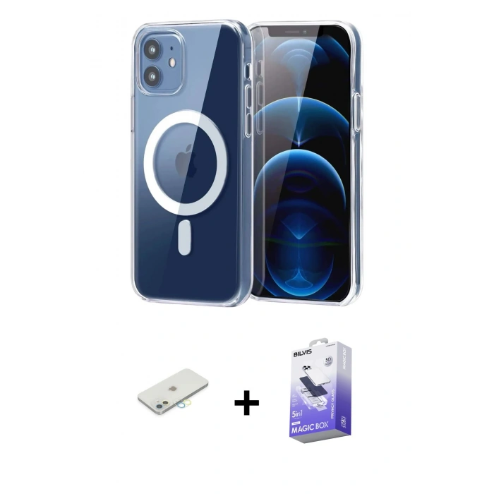 MARSİLYAN™- iPhone 12 Kılıf Ahenk Minimal Serisi - Siyah Bilvis 5in1 5D Magic Hayalet Cam Ekran Koruyucu + Renkli Kamera Lens Koruma Cam - SI