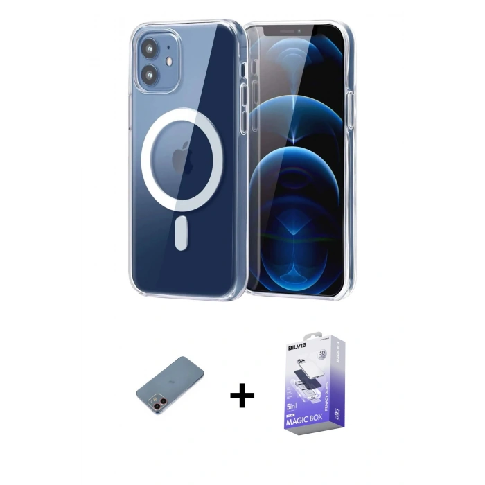 MARSİLYAN™- iPhone 12 Kılıf Ahenk Minimal Serisi - Siyah Bilvis 5in1 5D Magic Hayalet Cam Ekran Koruyucu + Shine Kamera Lens Koruma Cam - PE